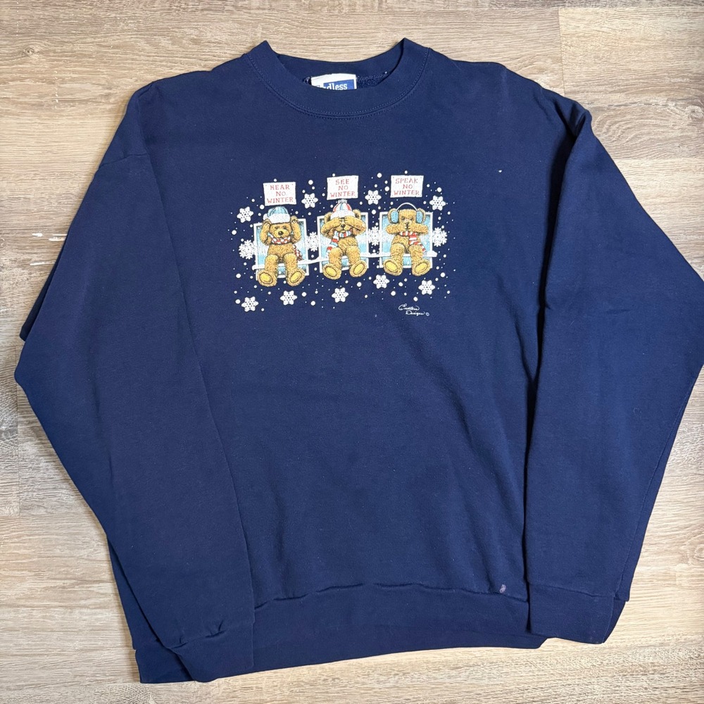 Vintage Endless Designs Navy Blue Teddy Bear Winter Sweatshirt 1X Made in USA